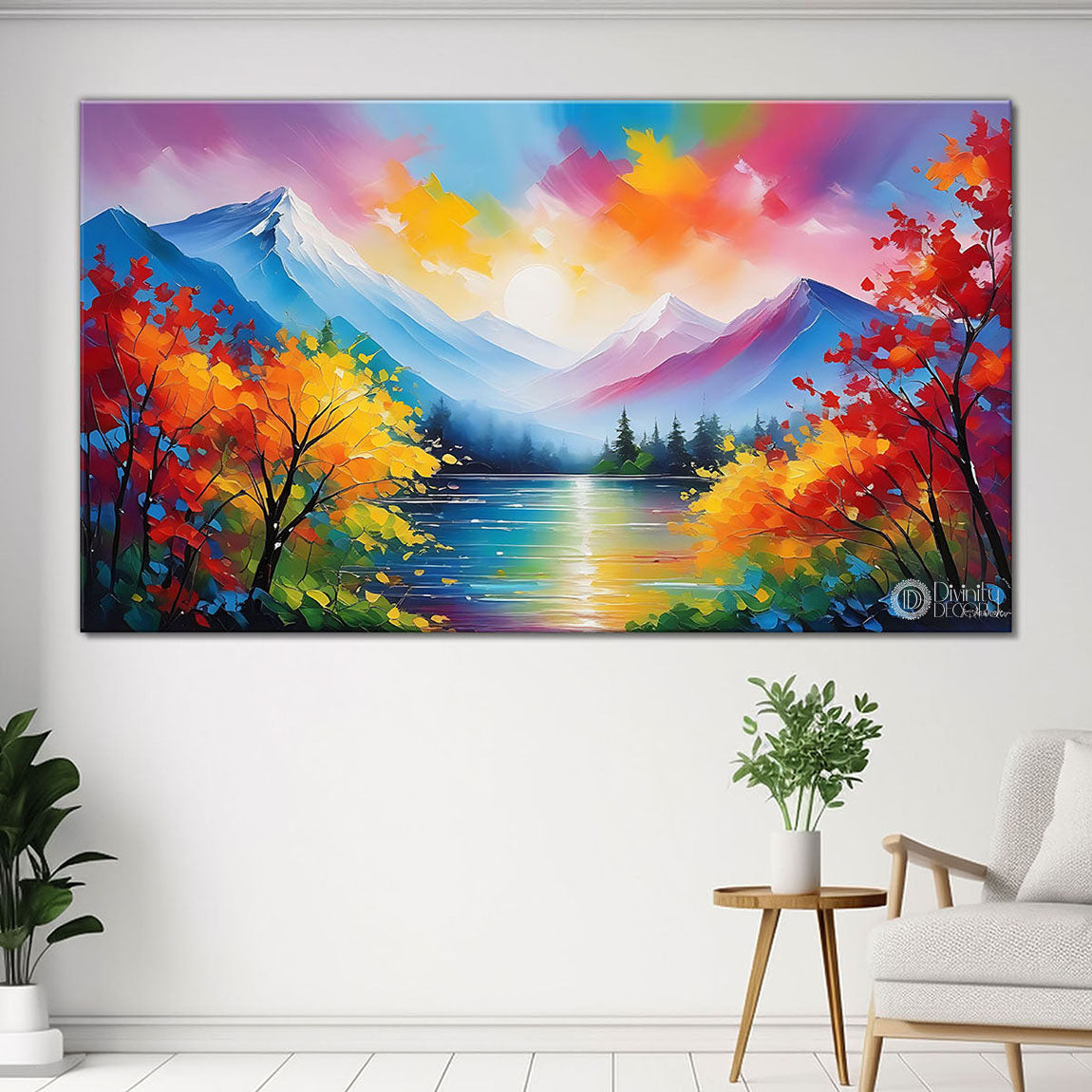 Mountains with river and colorful trees in textured art Canvas Painting - Nature Art -76