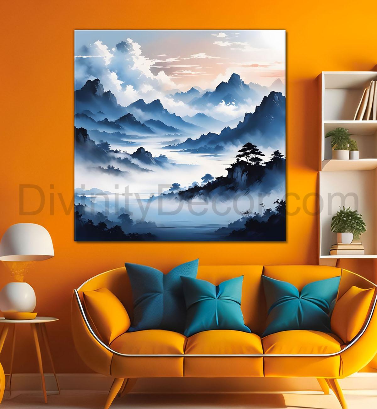 Mountains and the river with tree water colour painting 24X24- Nature Art -S-76