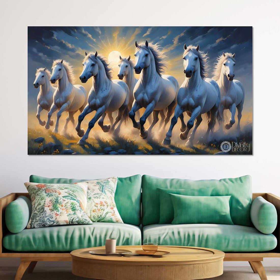 White running horses with sunset and blue textured background art Canvas Painting - Design - Horse-76