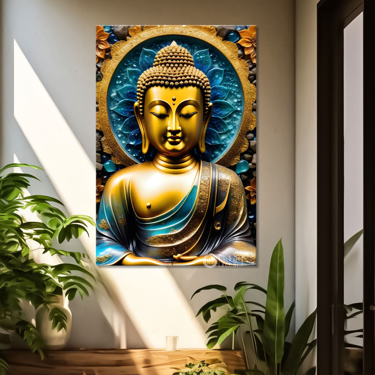 Golden buddha with lue and golden chakra textured painting - Buddha-V-77