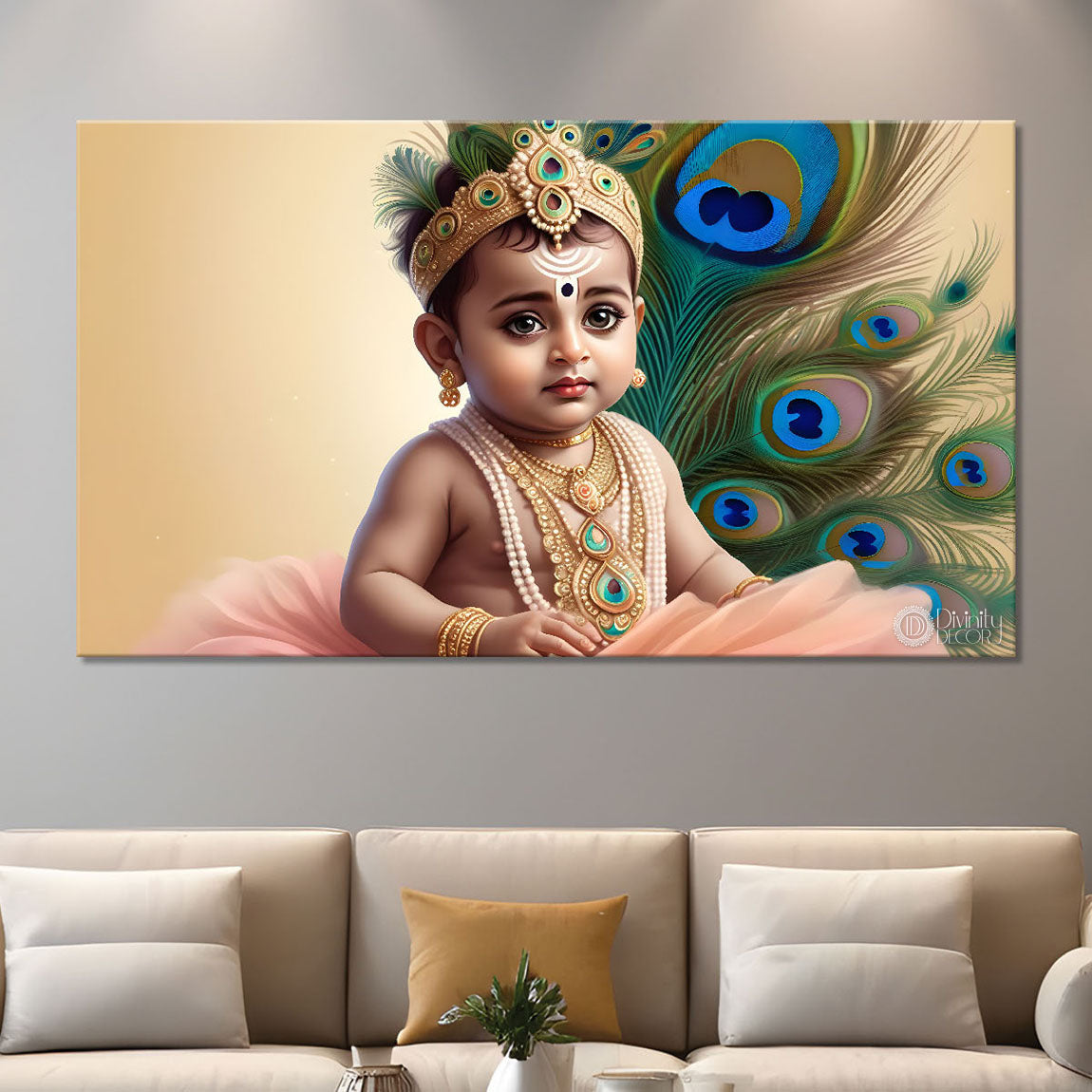 Baby with peacock feathers painting Canvas Painting - Design - Krishna-77