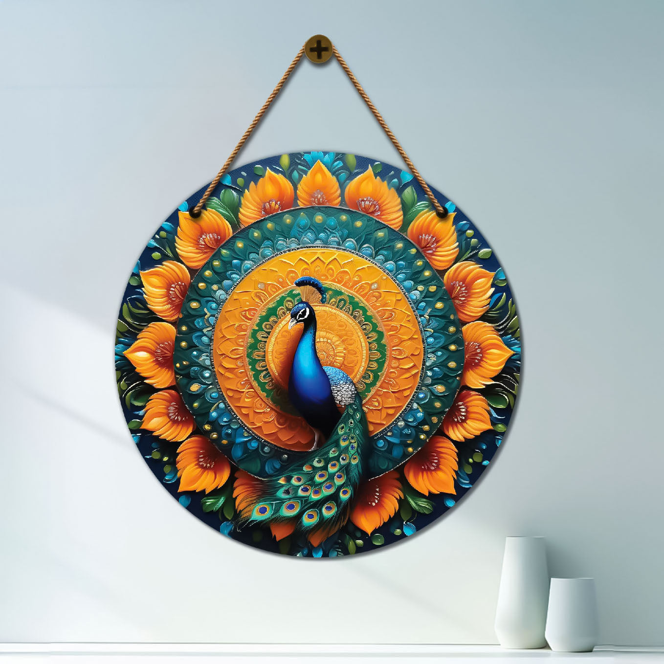 Peacock in orange and green mandala Round Wooden Wall Hanging for wall Décor - Design - 77