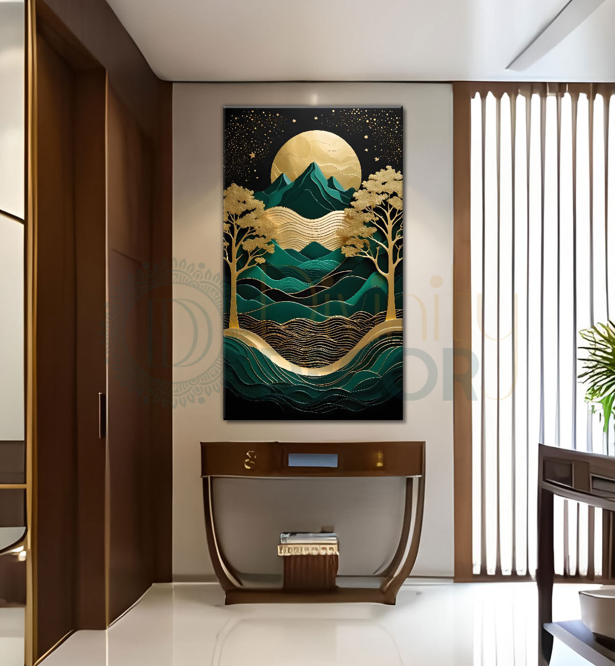 Green mountians and river with golden trees and moon in textured painting Canvas Painting - Nature Art -V-77