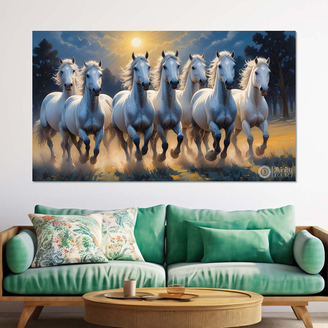 White running horses with sunset and blue textured background art Canvas Painting - Design - Horse-77