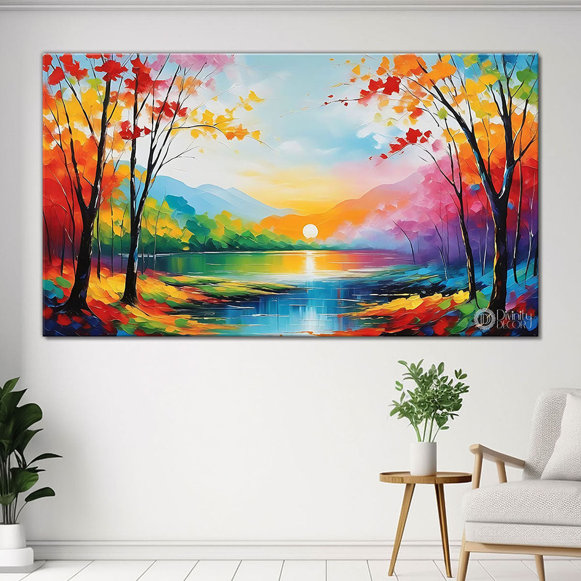 Lake with colorful trees in textured scenery painting Canvas Painting - Nature Art -77