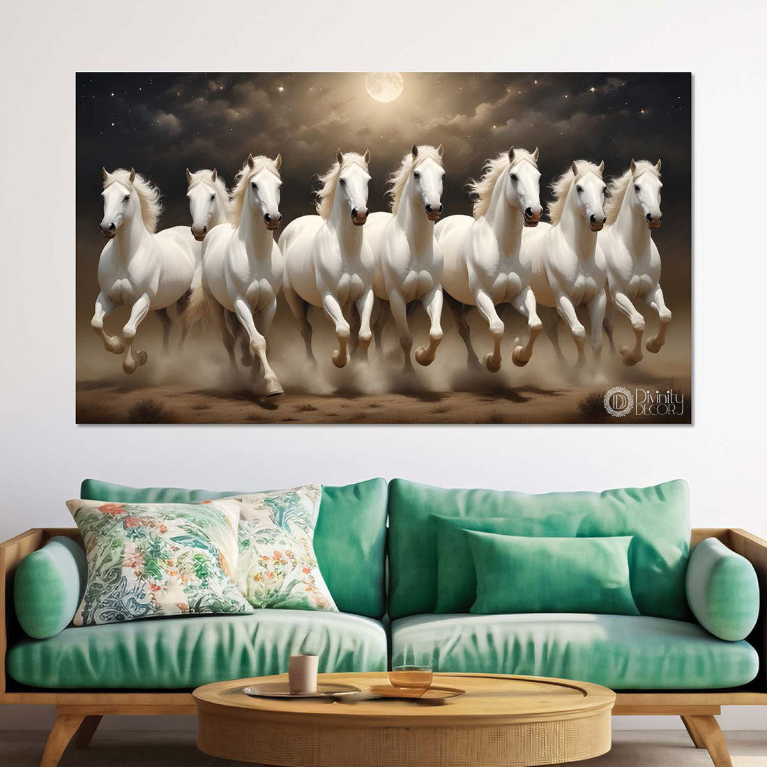 White running horses with moon and dark textured background art Canvas Painting - Design - Horse-78