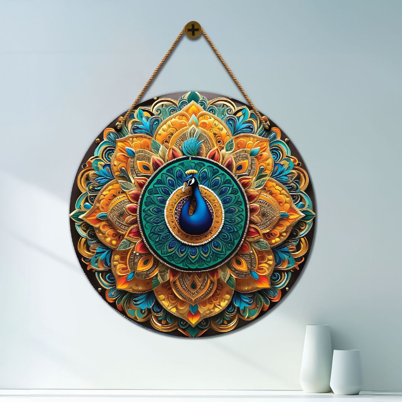 Peacock in orange and green mandala Round Wooden Wall Hanging for wall Décor - Design - 78