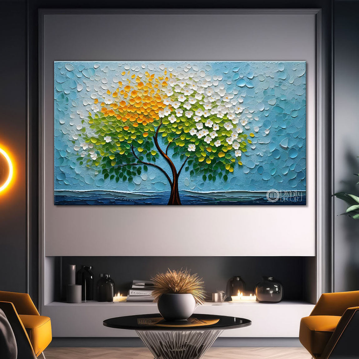White flower tree in textured background oil painting Canvas Painting - Design - Tree-78