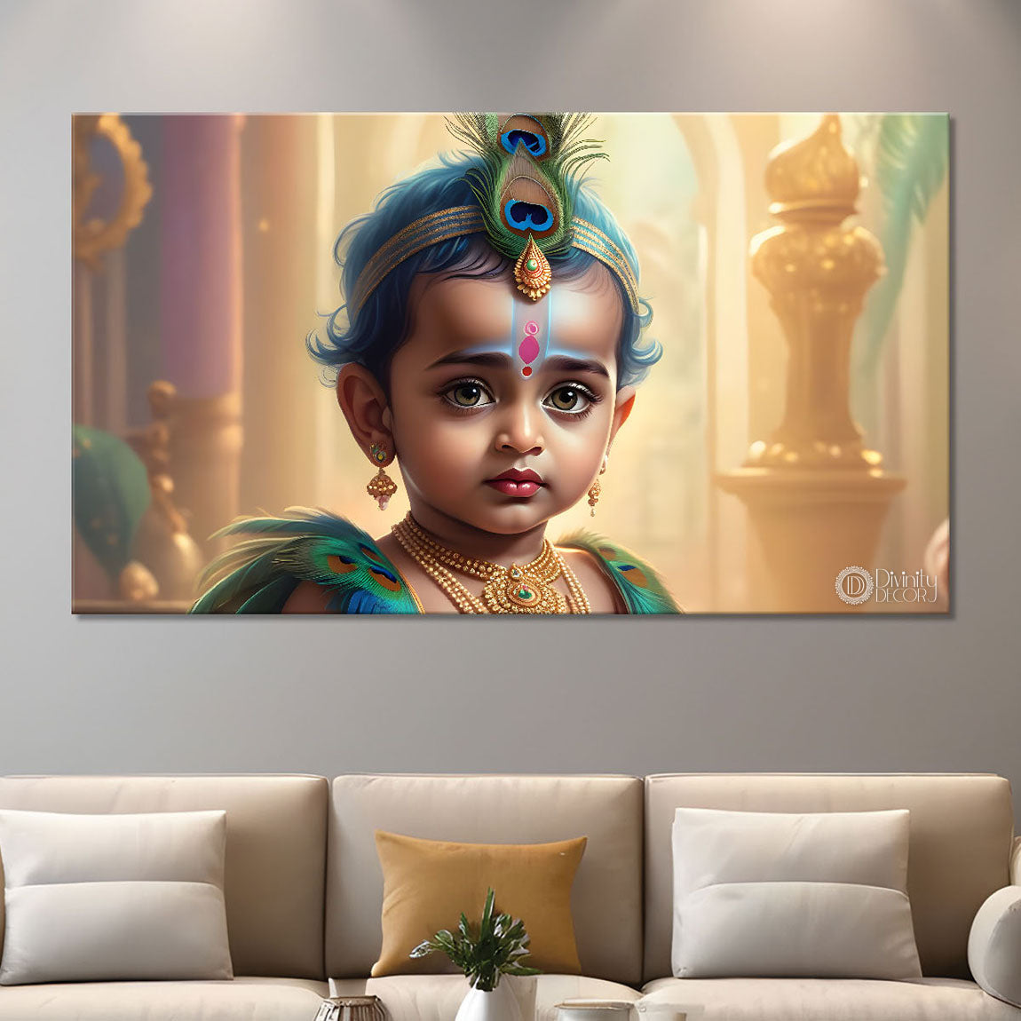 Baby with peacock feather crown painting Canvas Painting - Design - Krishna-78