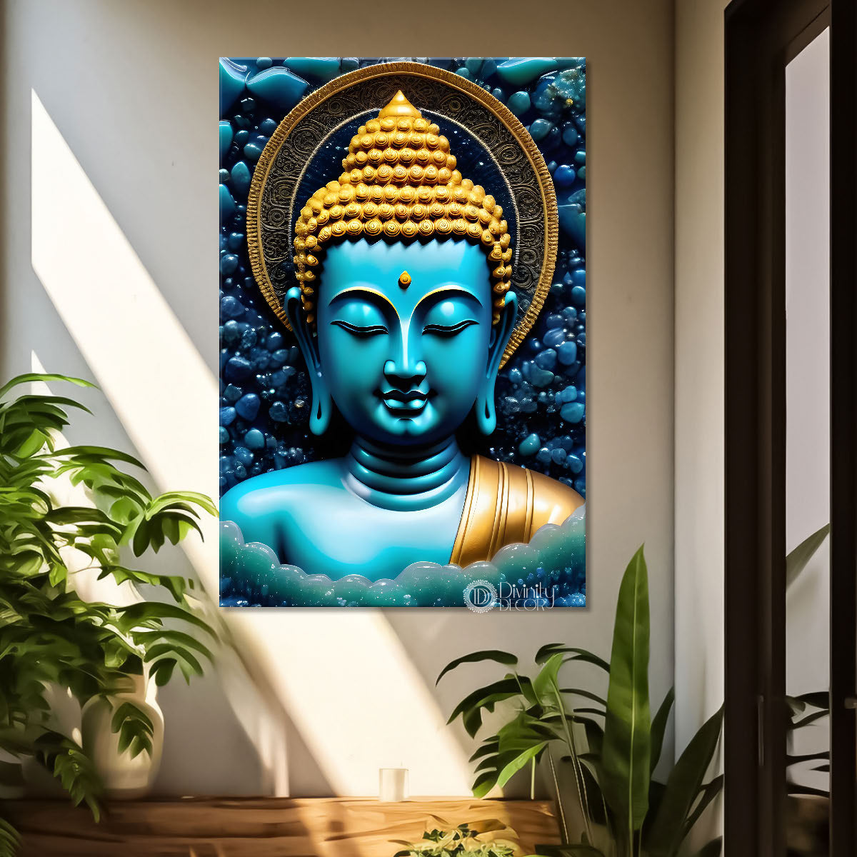 Blue face buddha with blue textured painting - Buddha-V-78