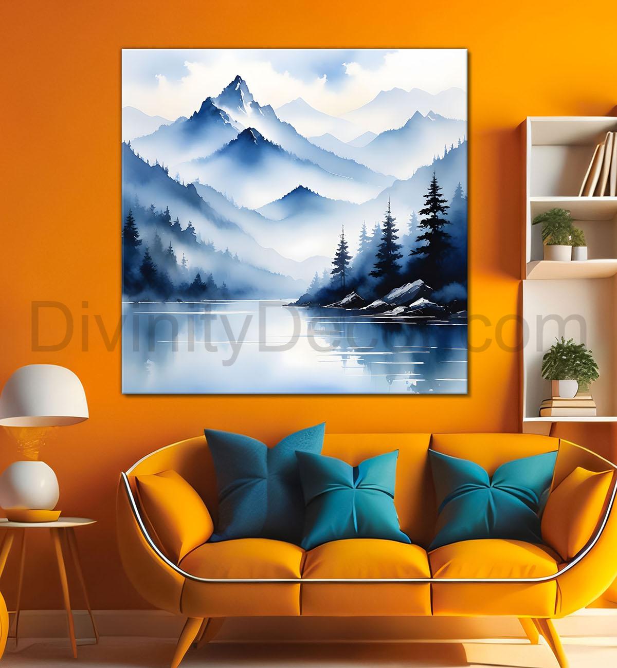 Mountains and the river with tree water colour painting 24X24- Nature Art -S-78