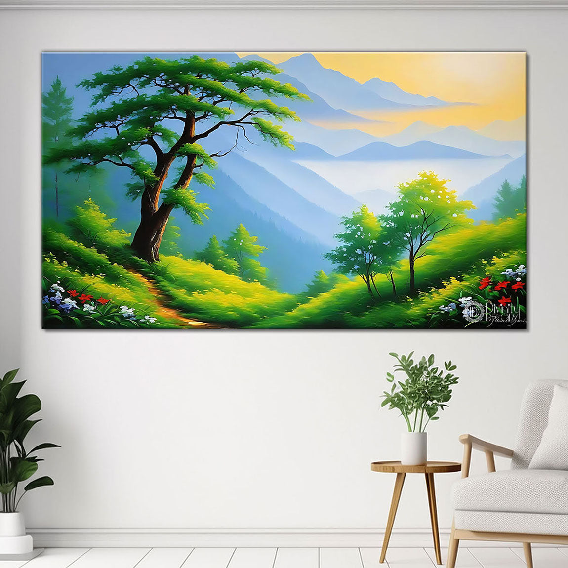 Mountains with greenery in textured painting Canvas Painting - Nature Art -78