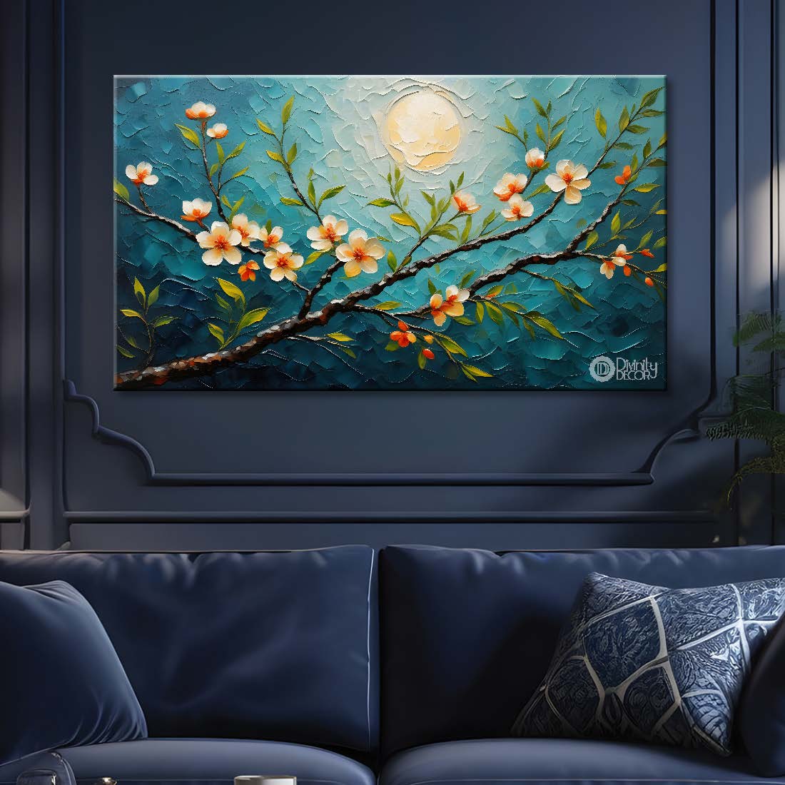 White flowers with blue textured background painting- Design - Flower-78