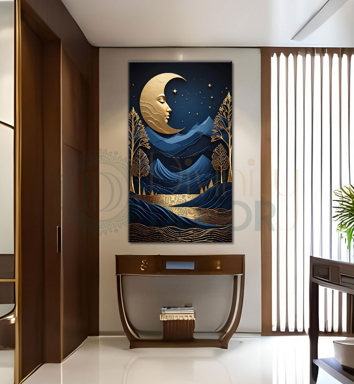 Blue mountais with golden moon, trees and river textured painting Canvas Painting - Nature Art -V-78