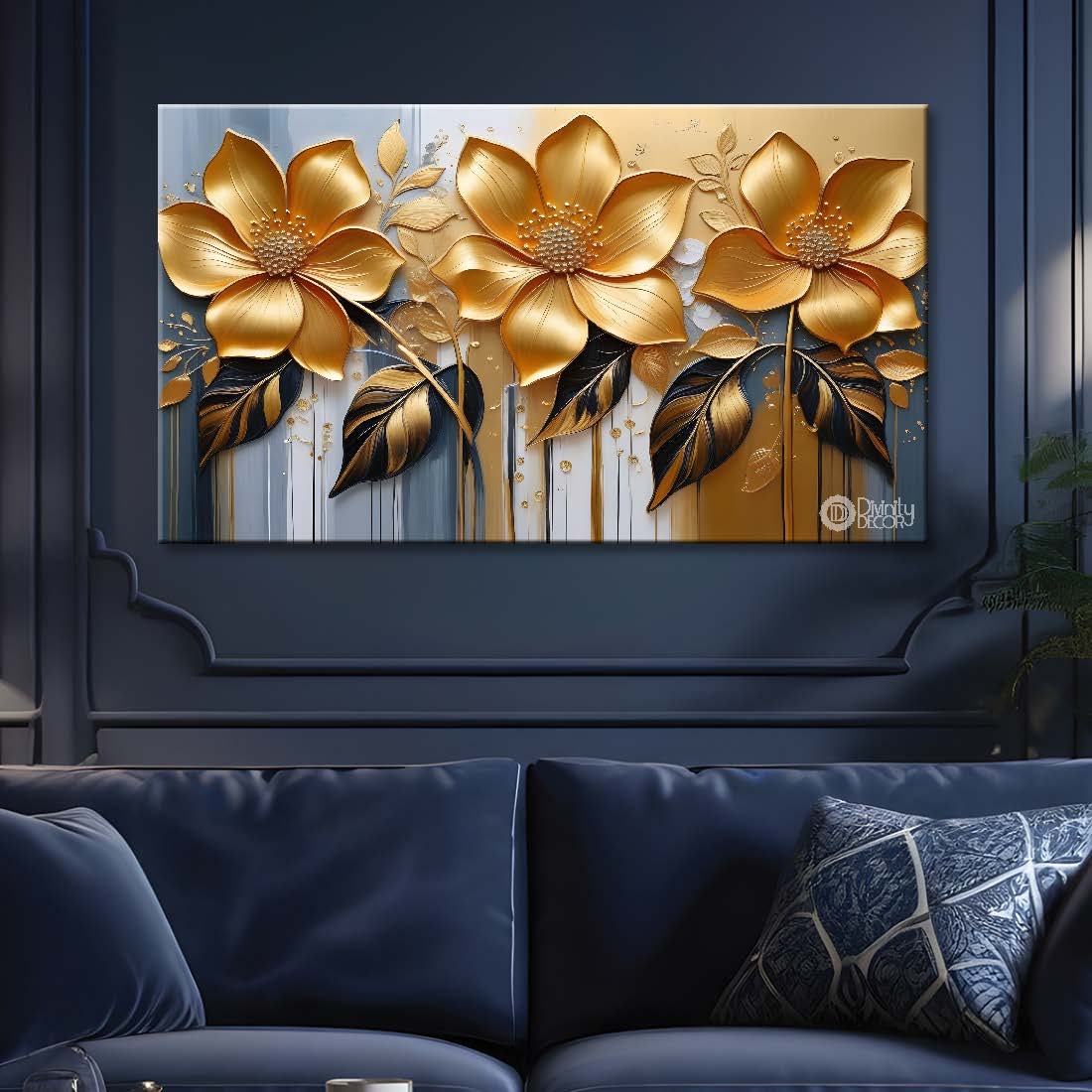 Golden flowers with white textured background painting- Design - Flower-79