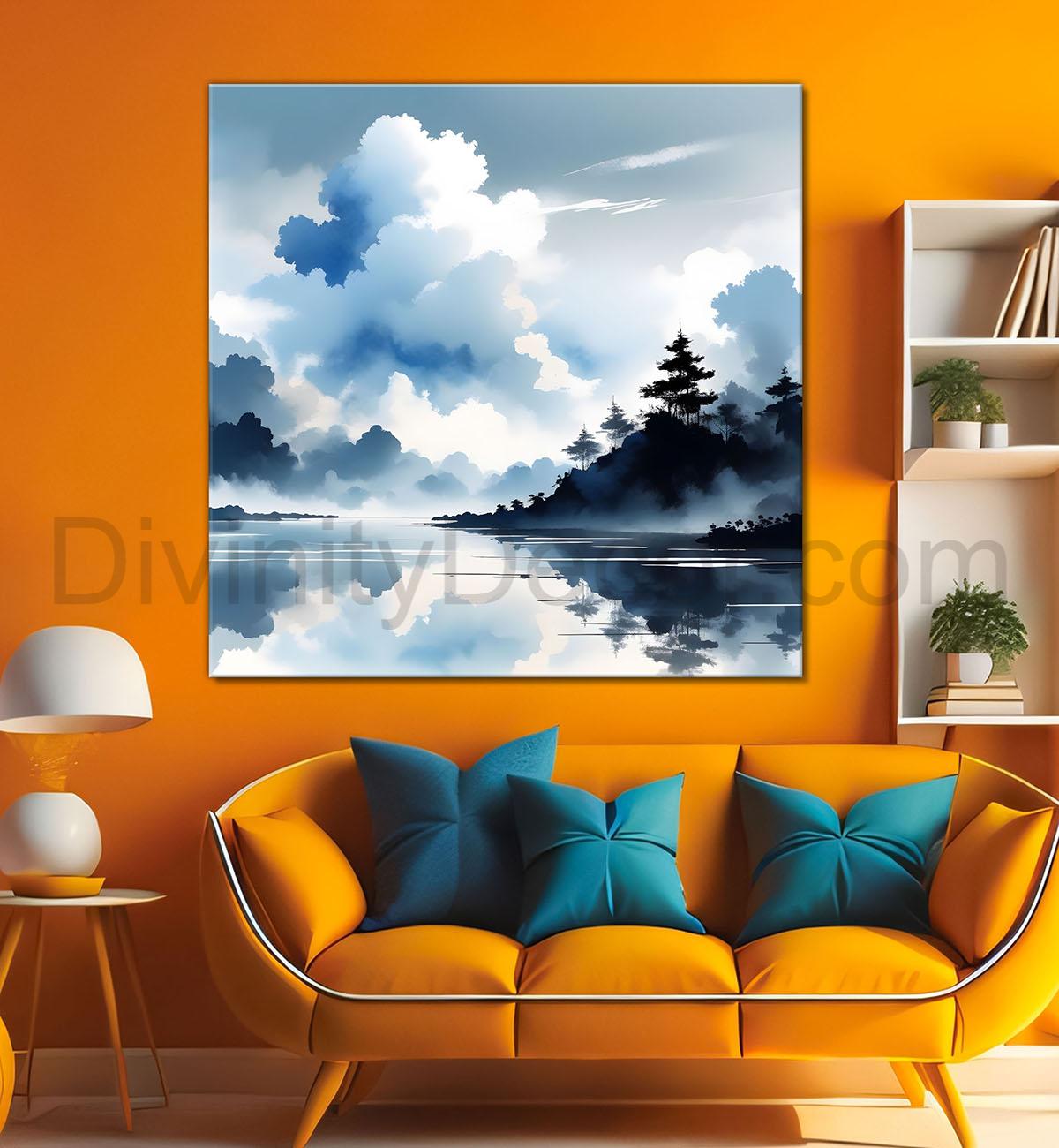 Mountains and the river with tree water colour painting 24X24- Nature Art -S-79