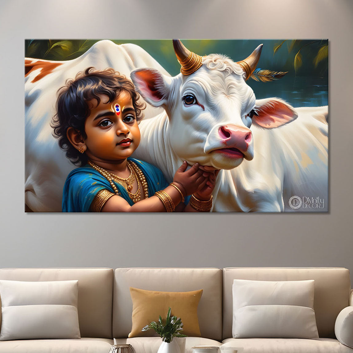 Little Krishna with baby cow painting Canvas Painting - Design - Krishna-79