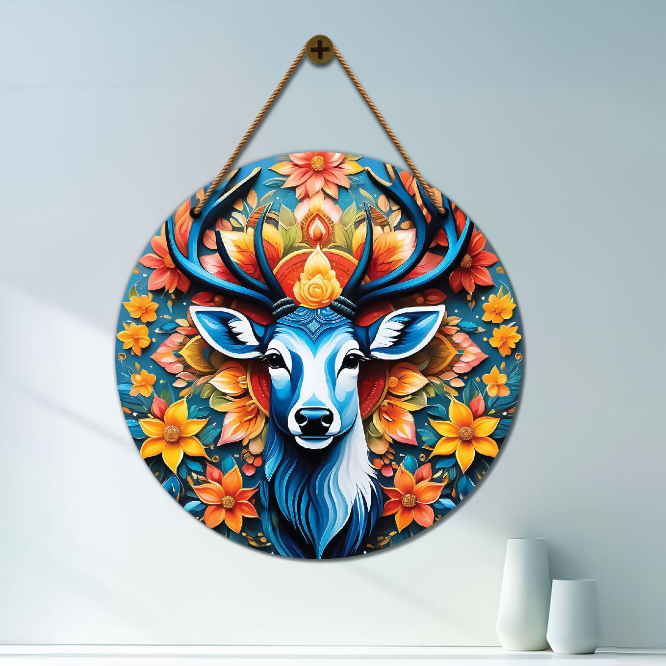 Deer in floral and green mandala Round Wooden Wall Hanging for wall Décor - Design - 79