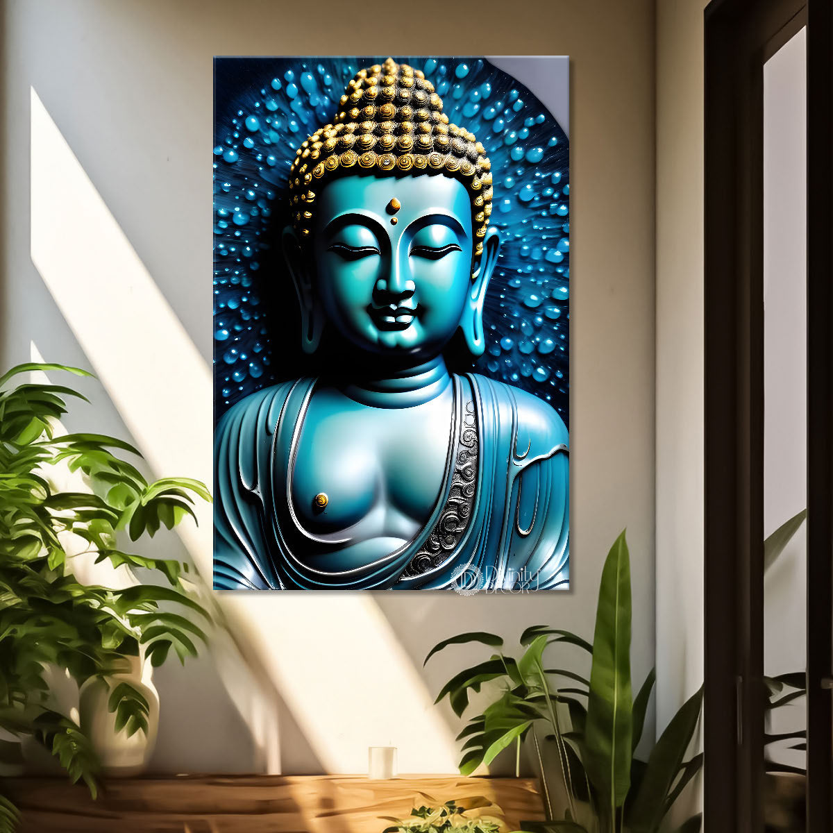 Blue buddha with navy blue textured paitning - Buddha-V-79