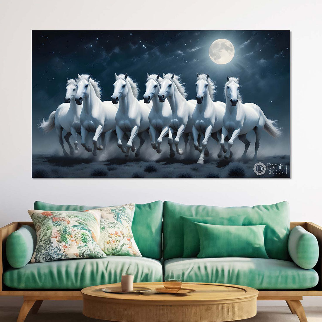 White running horses on the grass with moon and dark textured background art Canvas Painting - Design - Horse-79
