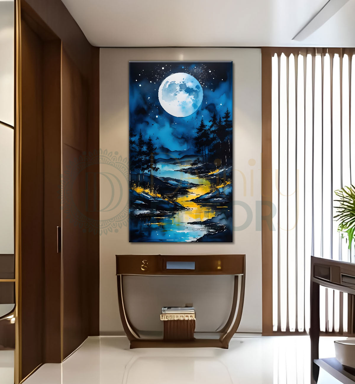 Lake with mountians and trees in dark background with moon painting Canvas Painting - Nature Art -V-79