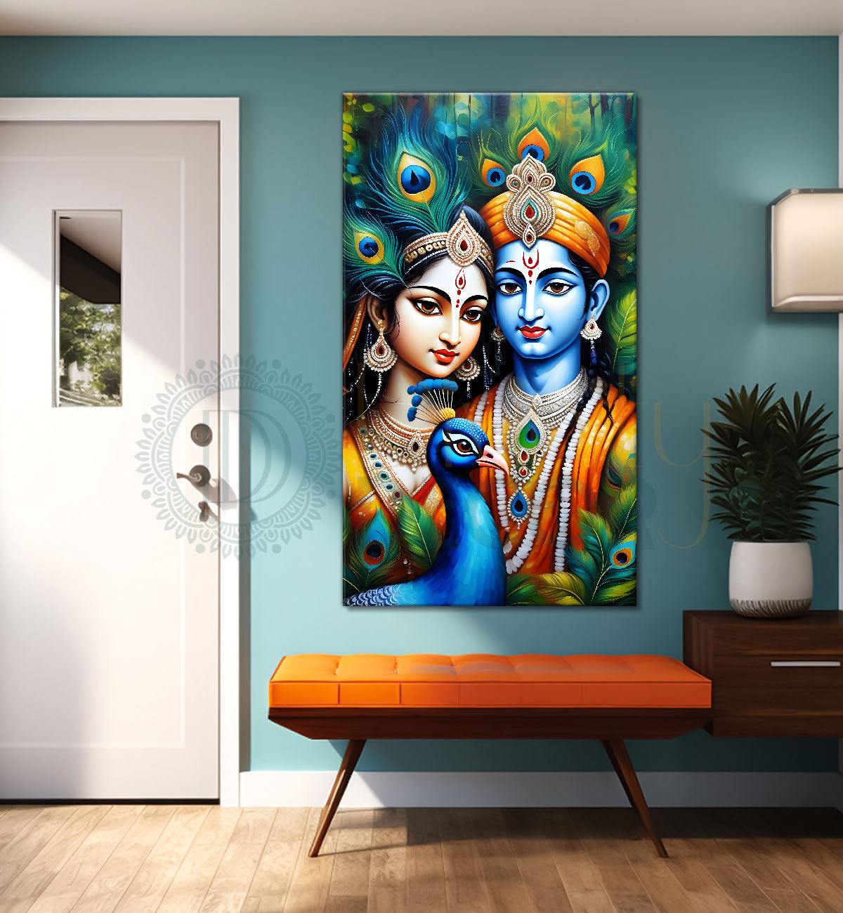 Blue face of krishna with radha in peacock feathers background textured art Canvas Painting - Design - Krishna-V-7