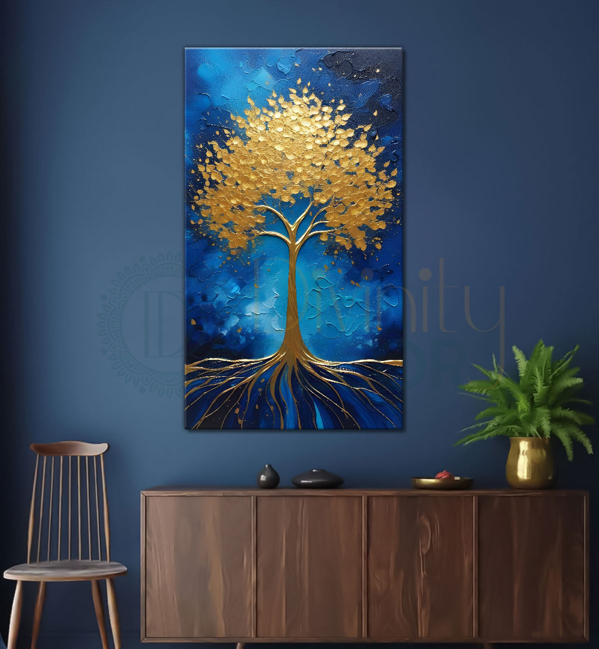 Golden tree in blue texutred background modern art Canvas painting - Tree-V-7