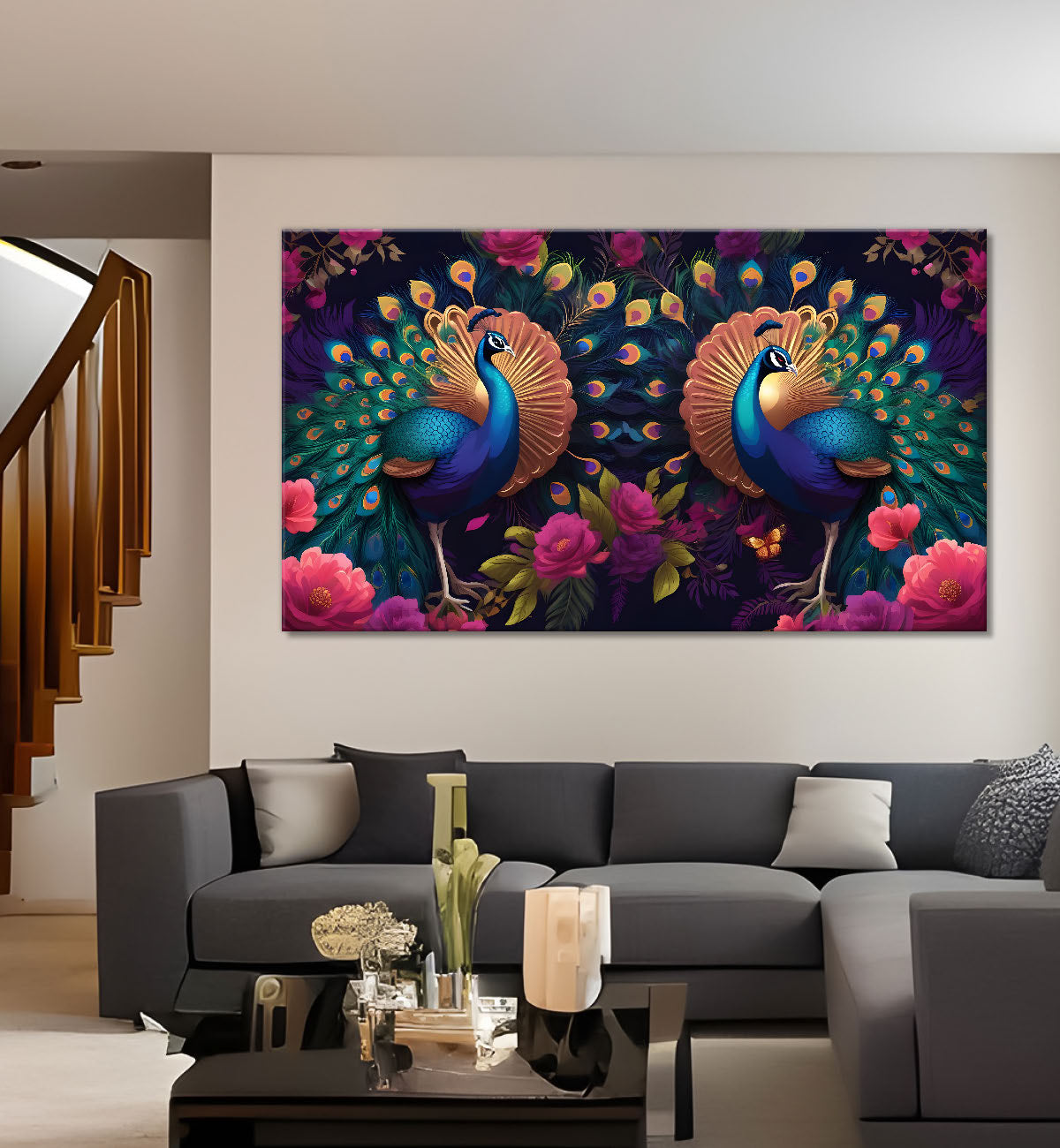 Two peacocks with flowers oil painting Canvas Painting - Design - Peacock-7