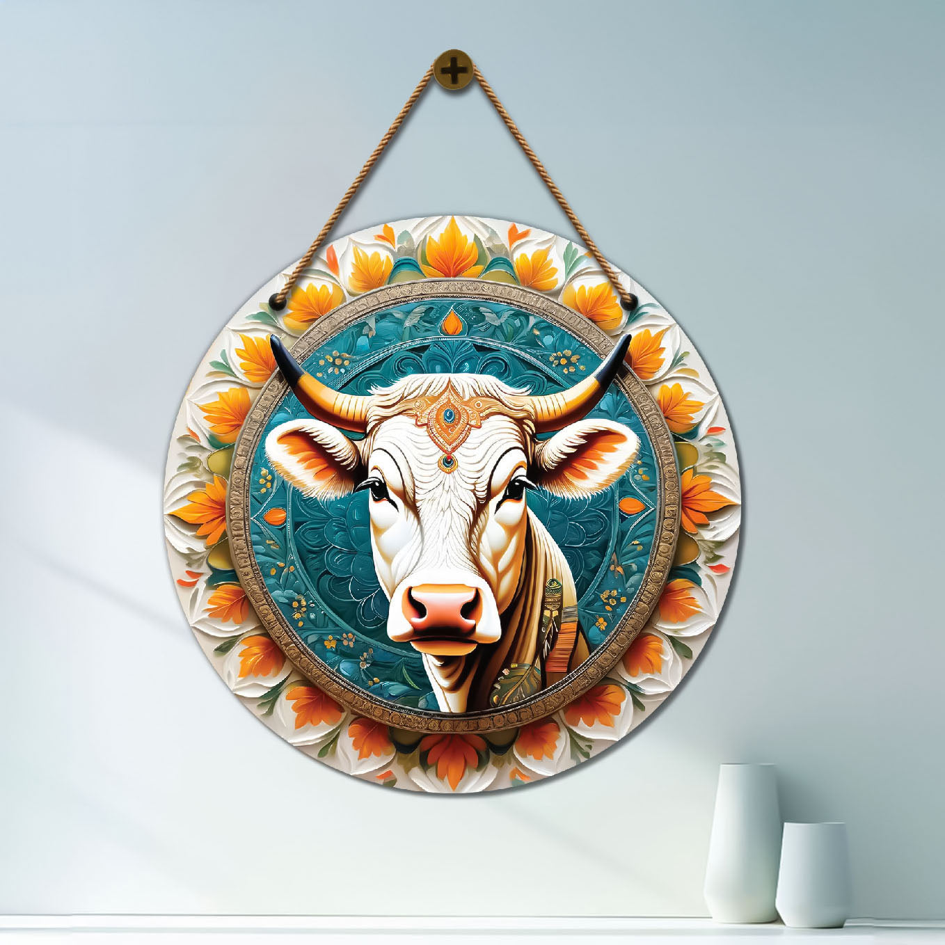 Cow in blue and orange mandala Round Wooden Wall Hanging for wall Décor - Design - 80