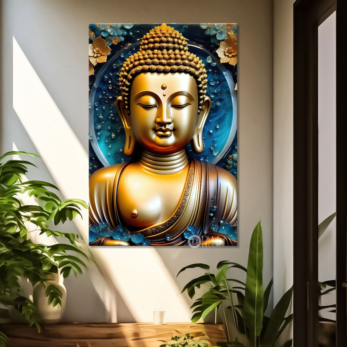 Golden buddha with blue textured painting - Buddha-V-80
