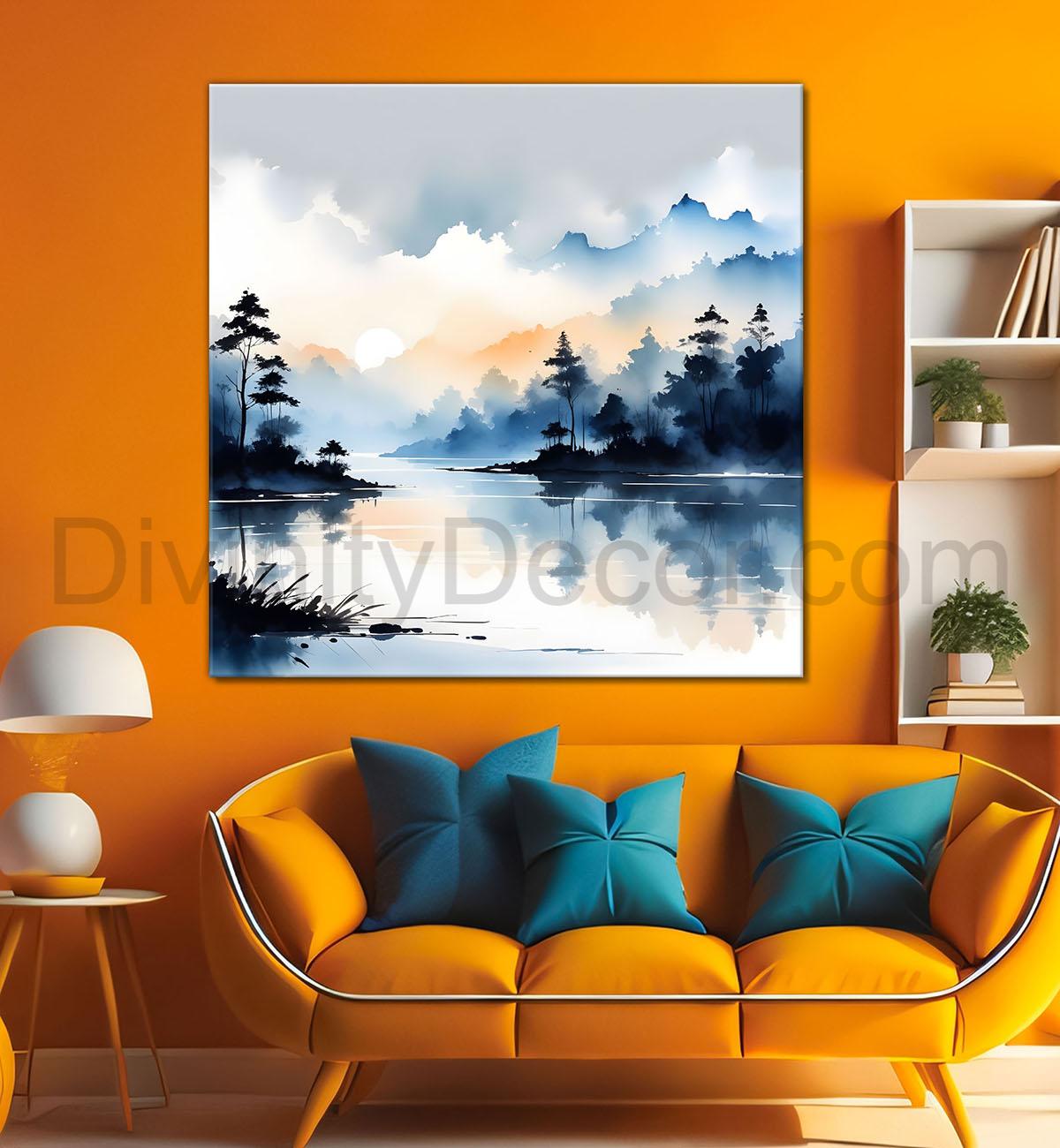 Mountains and the river with tree water colour painting 24X24- Nature Art -S-80