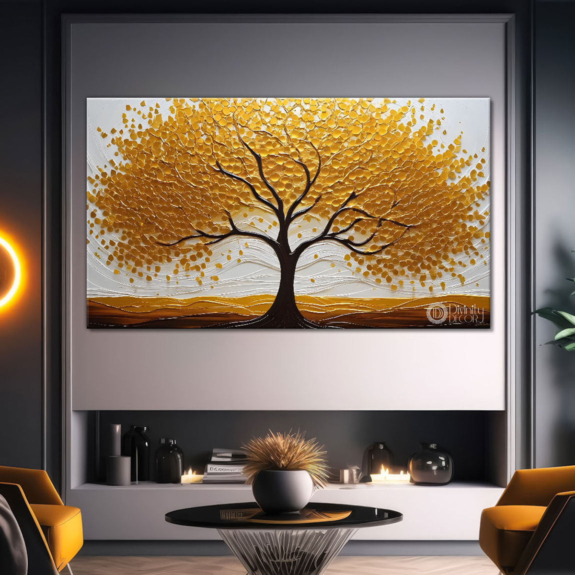 Golden tree in white textured background modern art Canvas Painting - Design - Tree-80