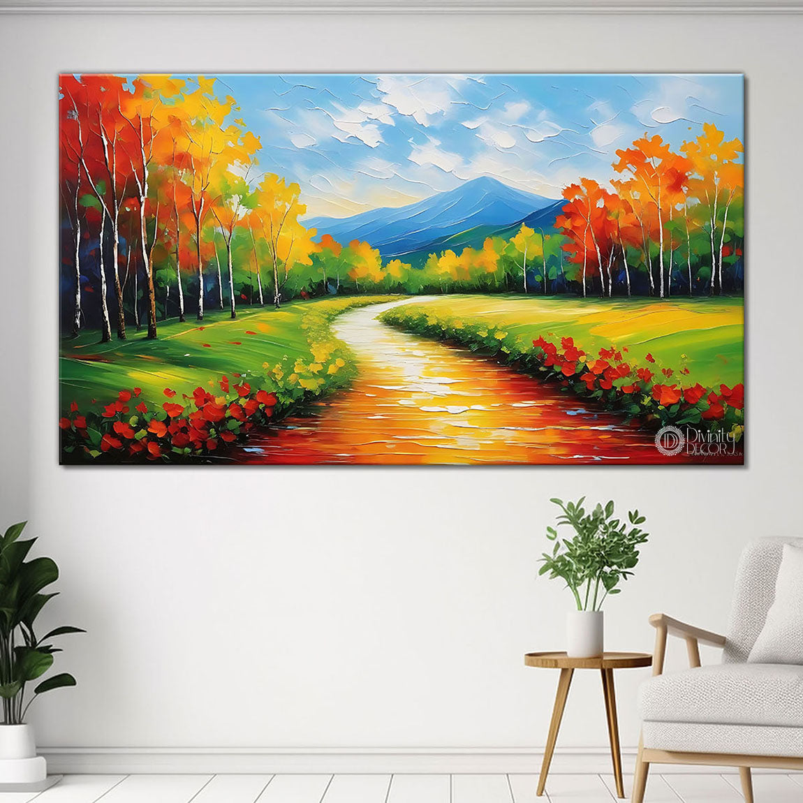 Mountains with greenery and colorful trees in textured painting Canvas Painting - Nature Art -80