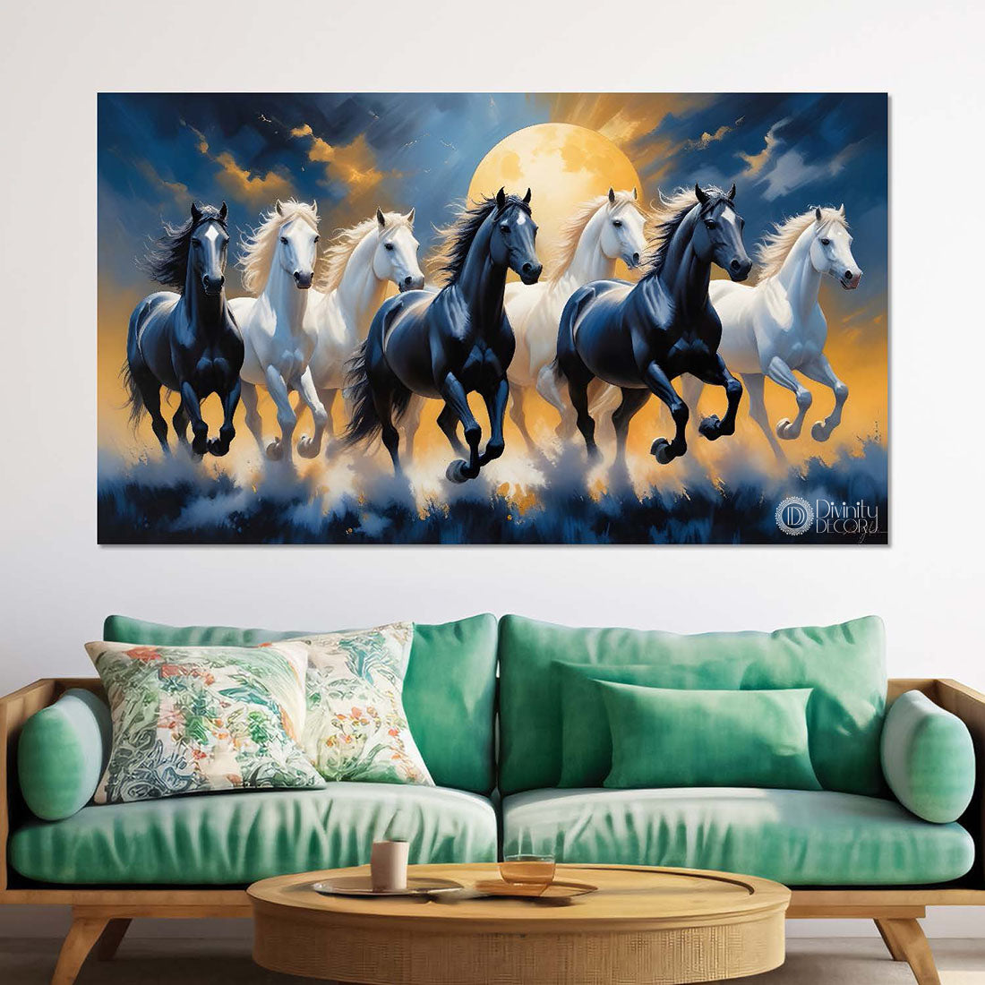 White and black running horses on the grass with moon and blue and yellow textured background art Canvas Painting - Design - Horse-80