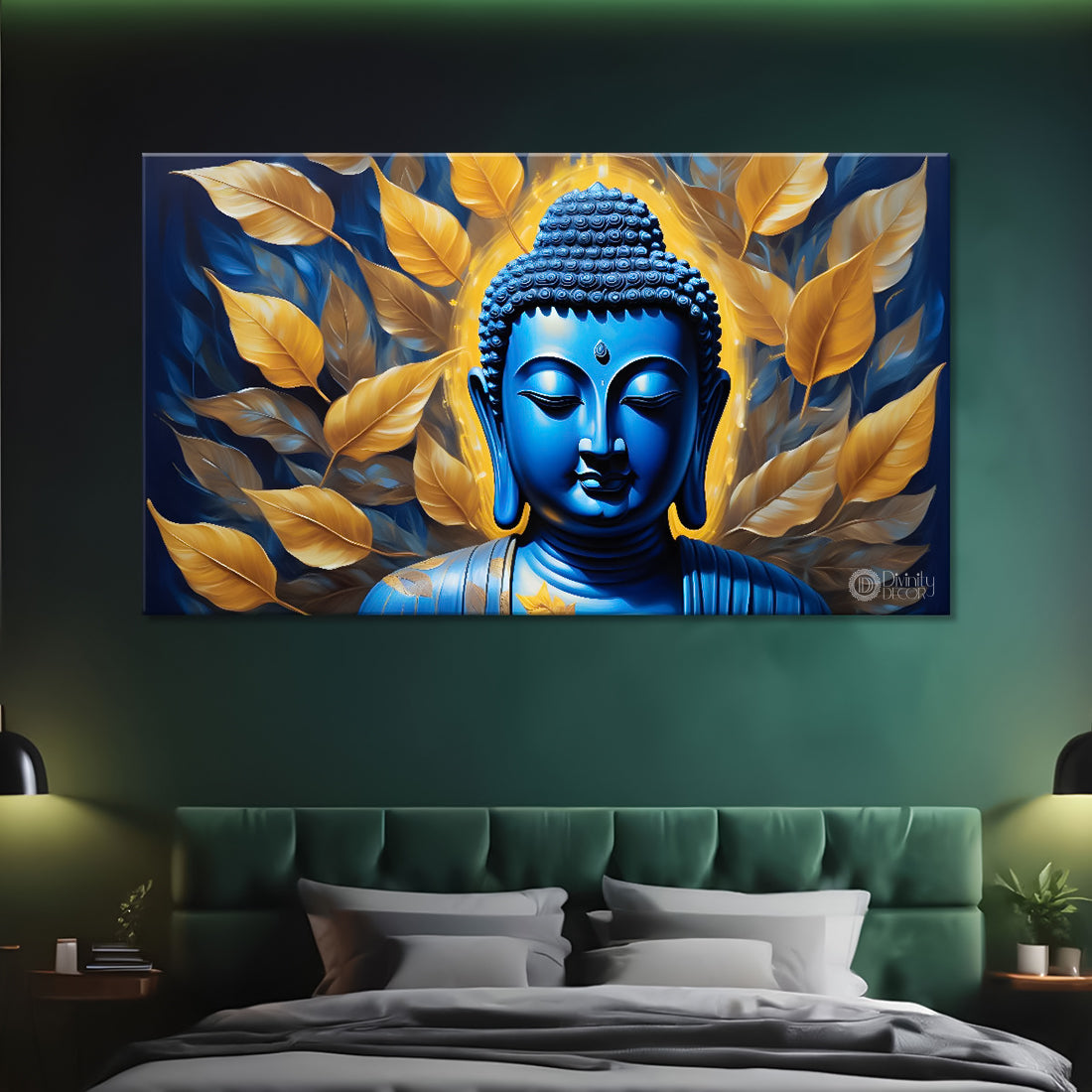 Blue buddha with yellow leaves painting Canvas Wall Painting - Buddha-80
