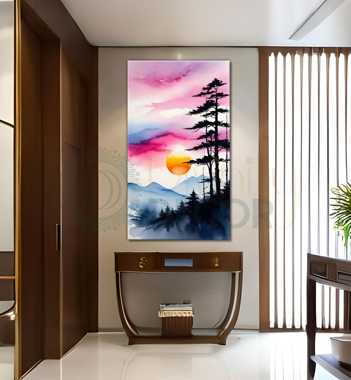 Pink sky with sun and mountains textured water colour painting Canvas Painting - Nature Art -V-80
