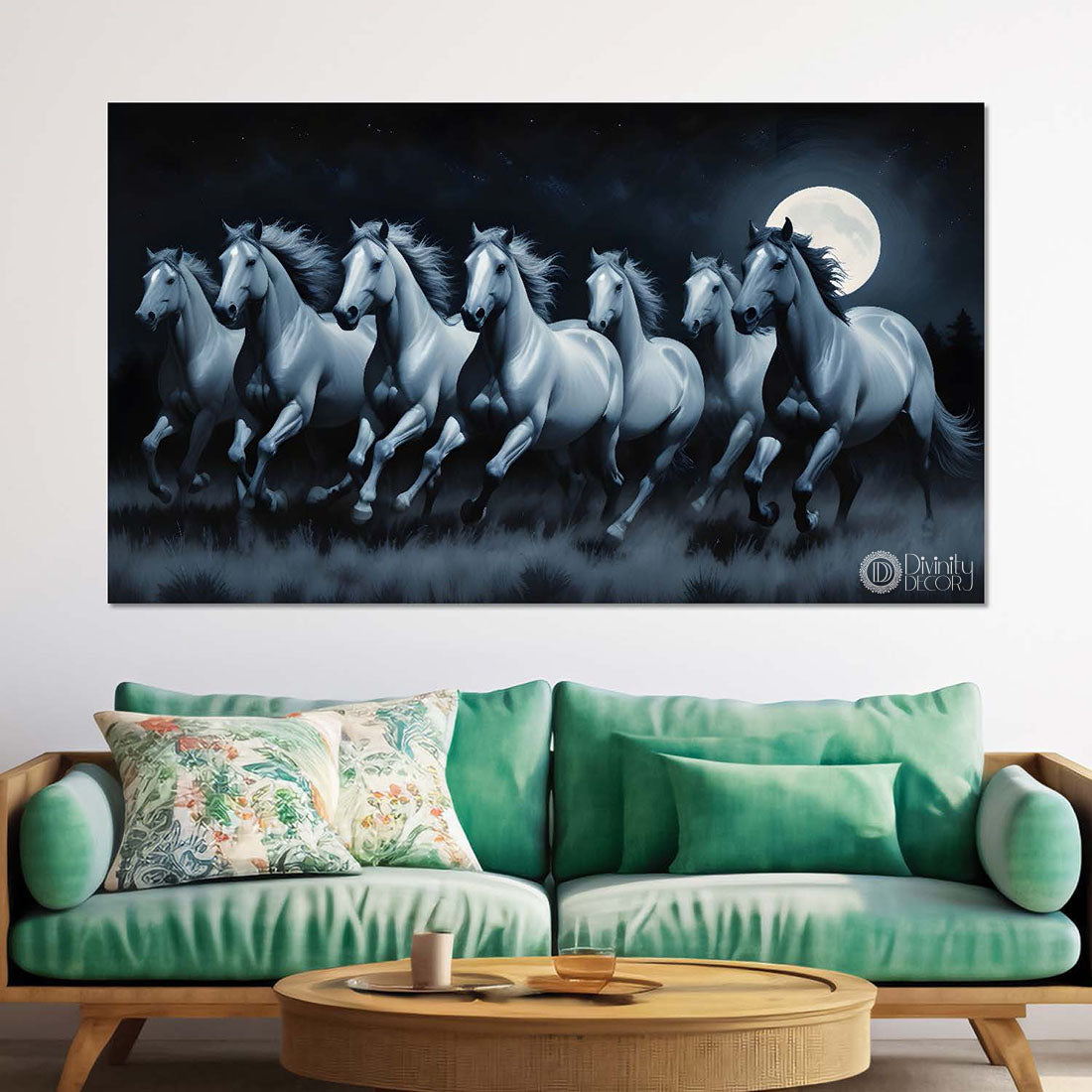 Grey running horses on the grass with moon and black textured background art Canvas Painting - Design - Horse-81