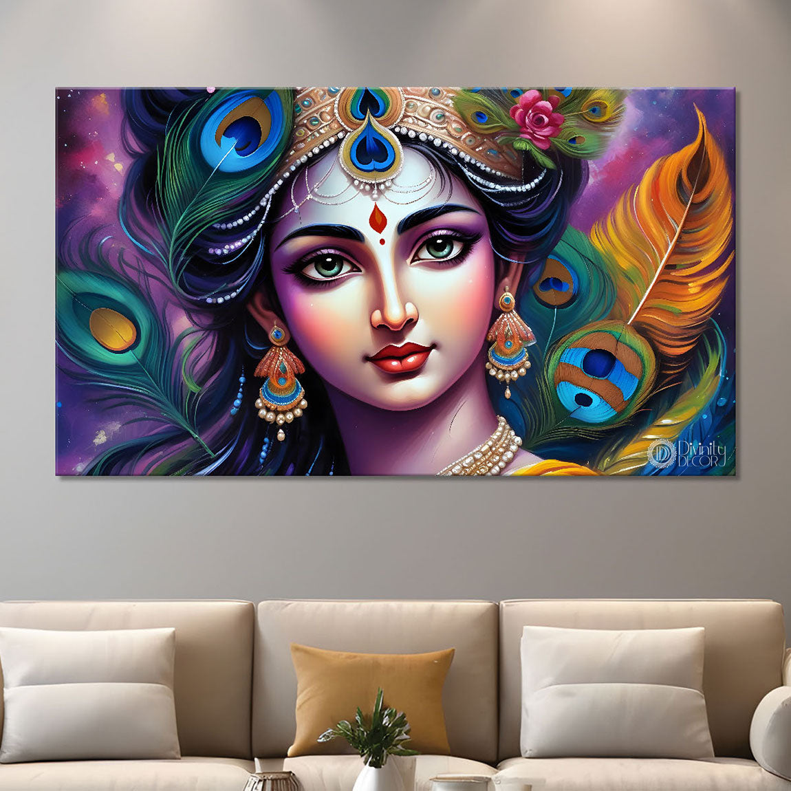 Krishna face with peacock feathers painting Canvas Painting - Design - Krishna-81