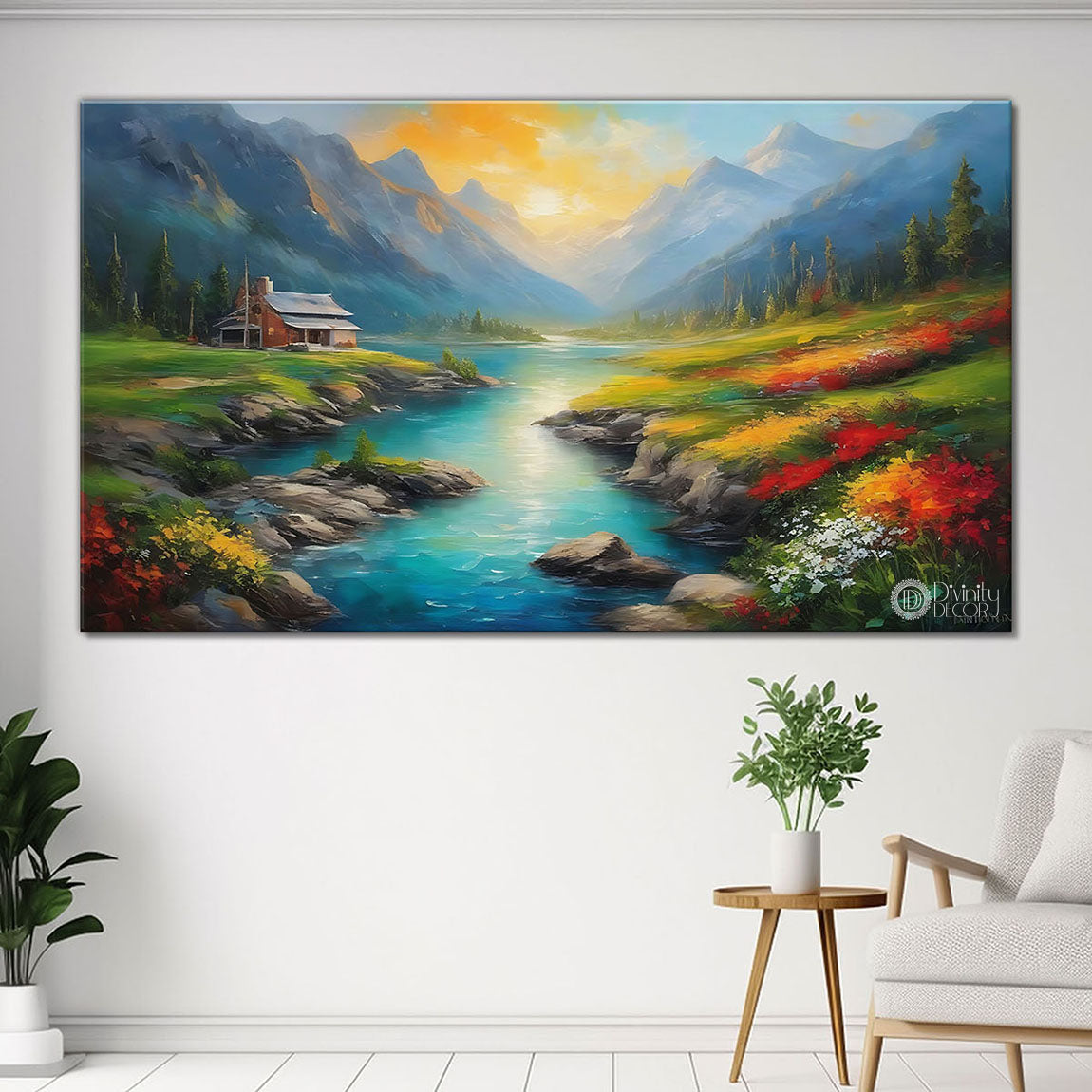 Mountains with greenery and flowers in textured scenery art Canvas Painting - Nature Art -81