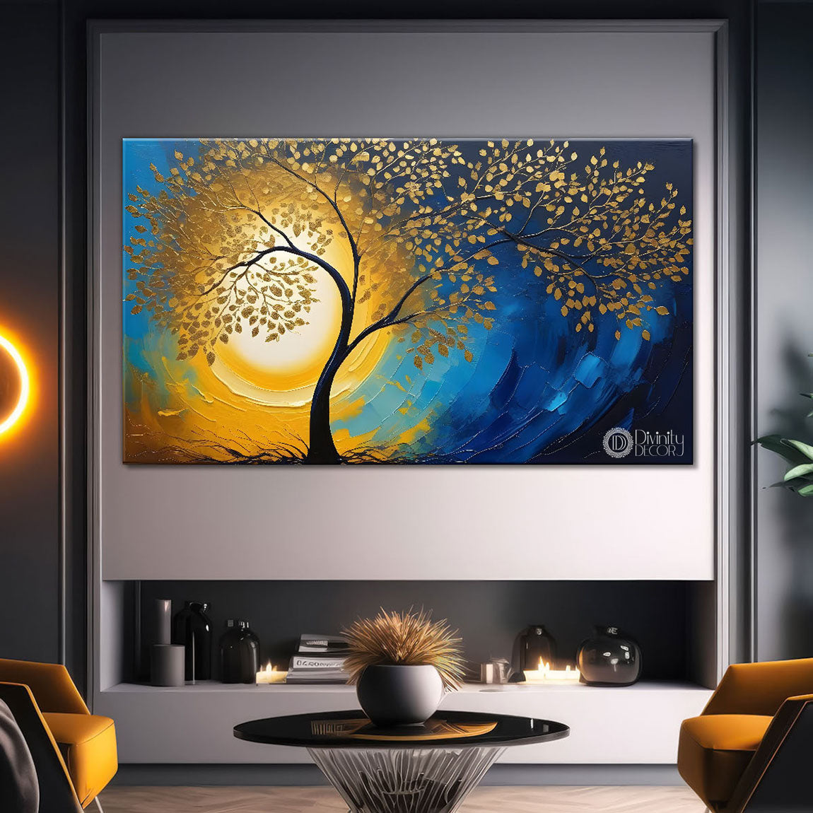 golden tree in dark blue textured background modern art Canvas Painting - Design - Tree-81