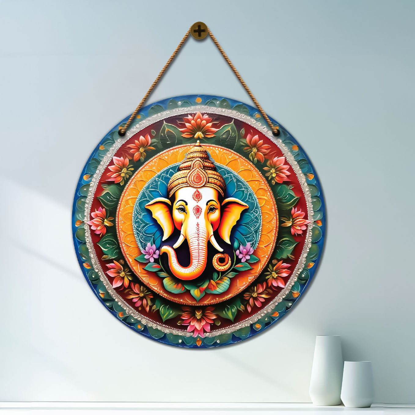 Ganesh Ji in orange and blue mandala Round Wooden Wall Hanging for wall Décor - Design - 81
