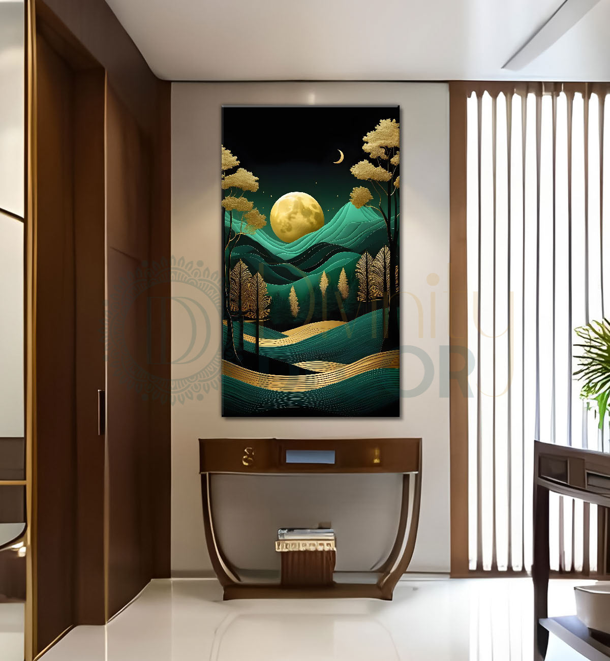 Green mountais  with golden moon and trees in textured painting Canvas Painting - Nature Art -V-81