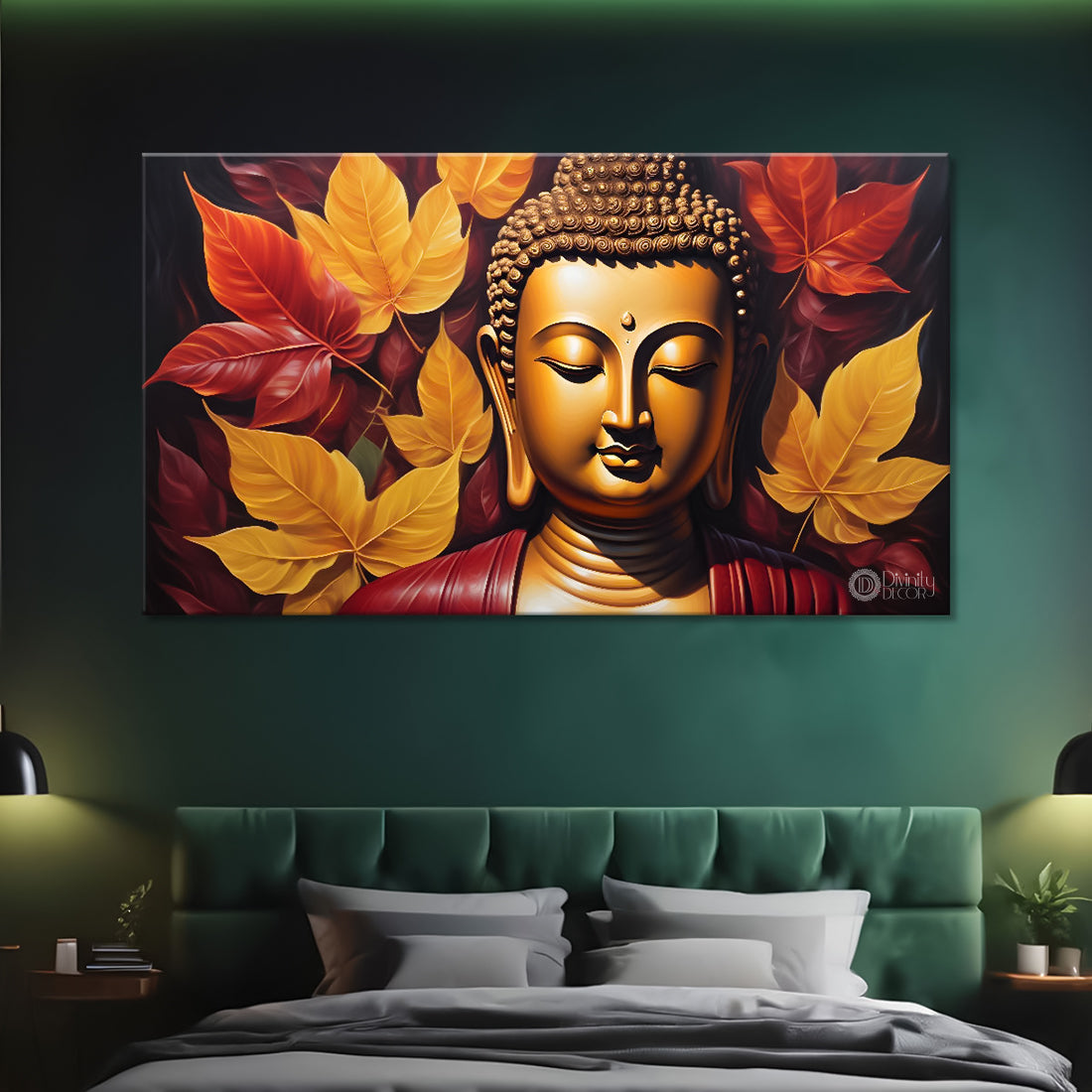Golden buddha with yellow and red leaves Canvas Wall Painting - Buddha-81