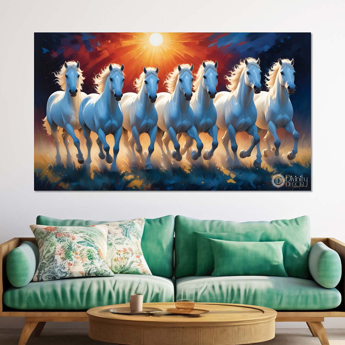 White running horses on the grass with sunset and blue textured background art Canvas Painting - Design - Horse-82