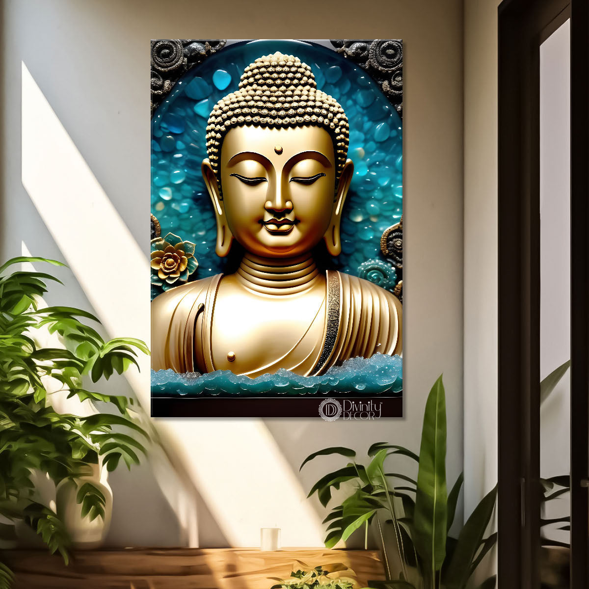 Golden buddha with blue background painting - Buddha-V-82