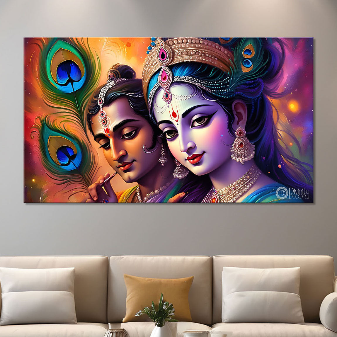 Radha Krishna with orange and peacock feather background Canvas Painting - Design - Krishna-82