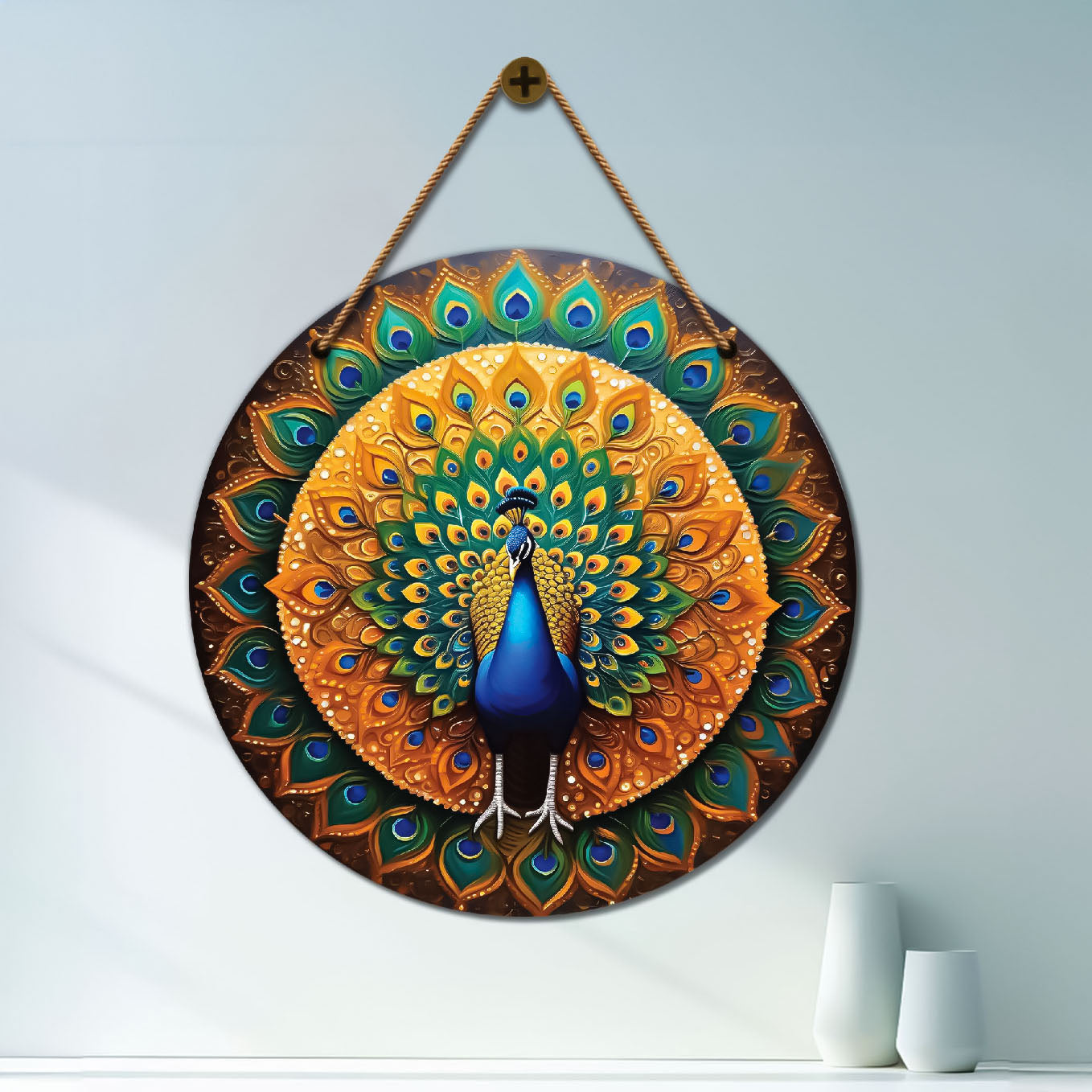 Peacock in yellow and green mandala Round Wooden Wall Hanging for wall Décor - Design - 82