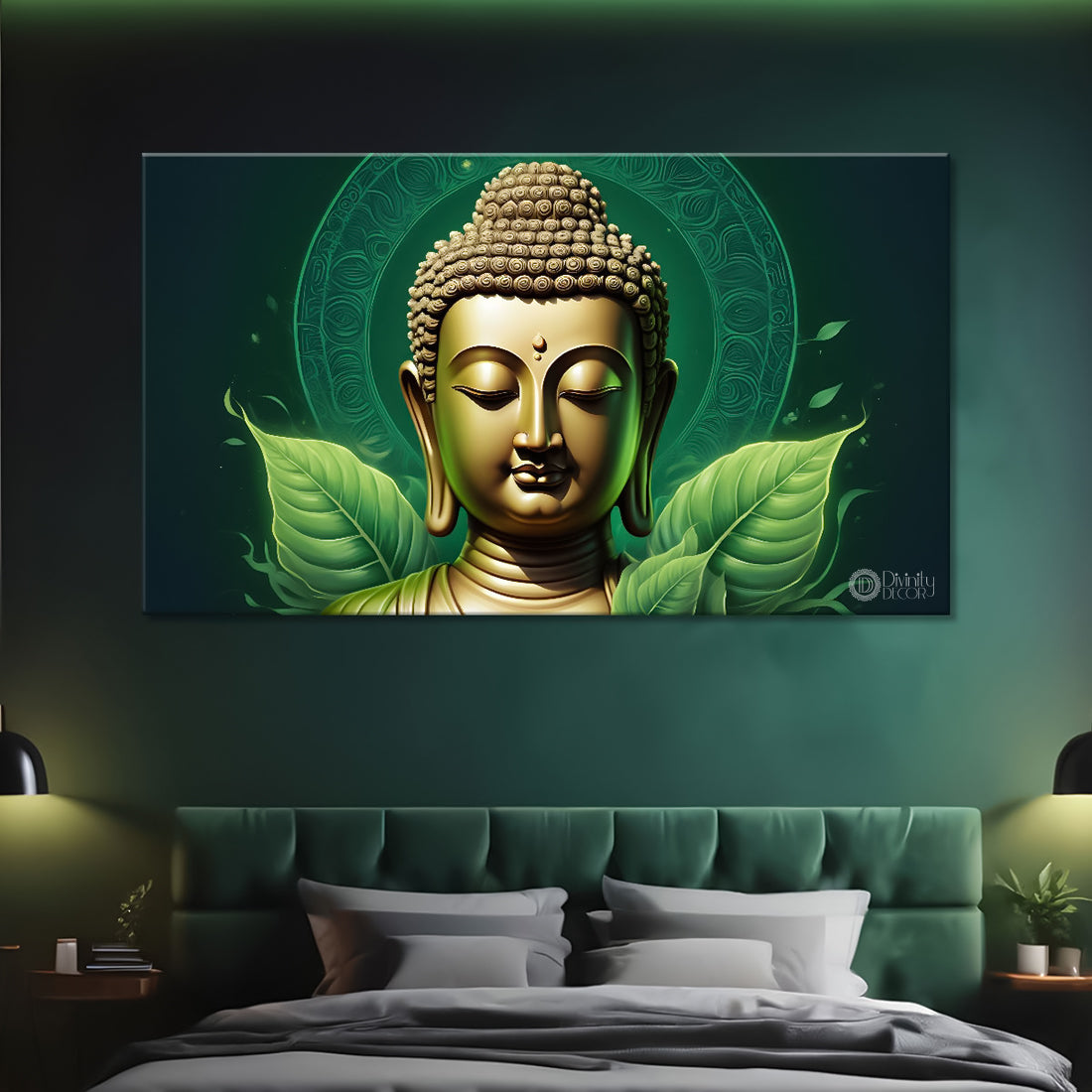 Golden buddha with green leaf background painting Canvas Wall Painting - Buddha-82