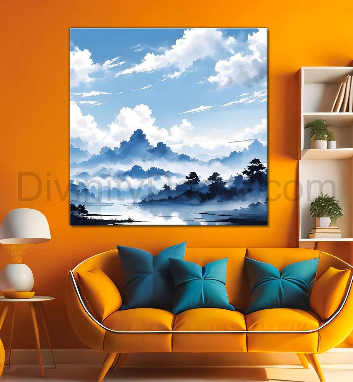 Mountains and the river with tree water colour painting 24X24- Nature Art -S-82