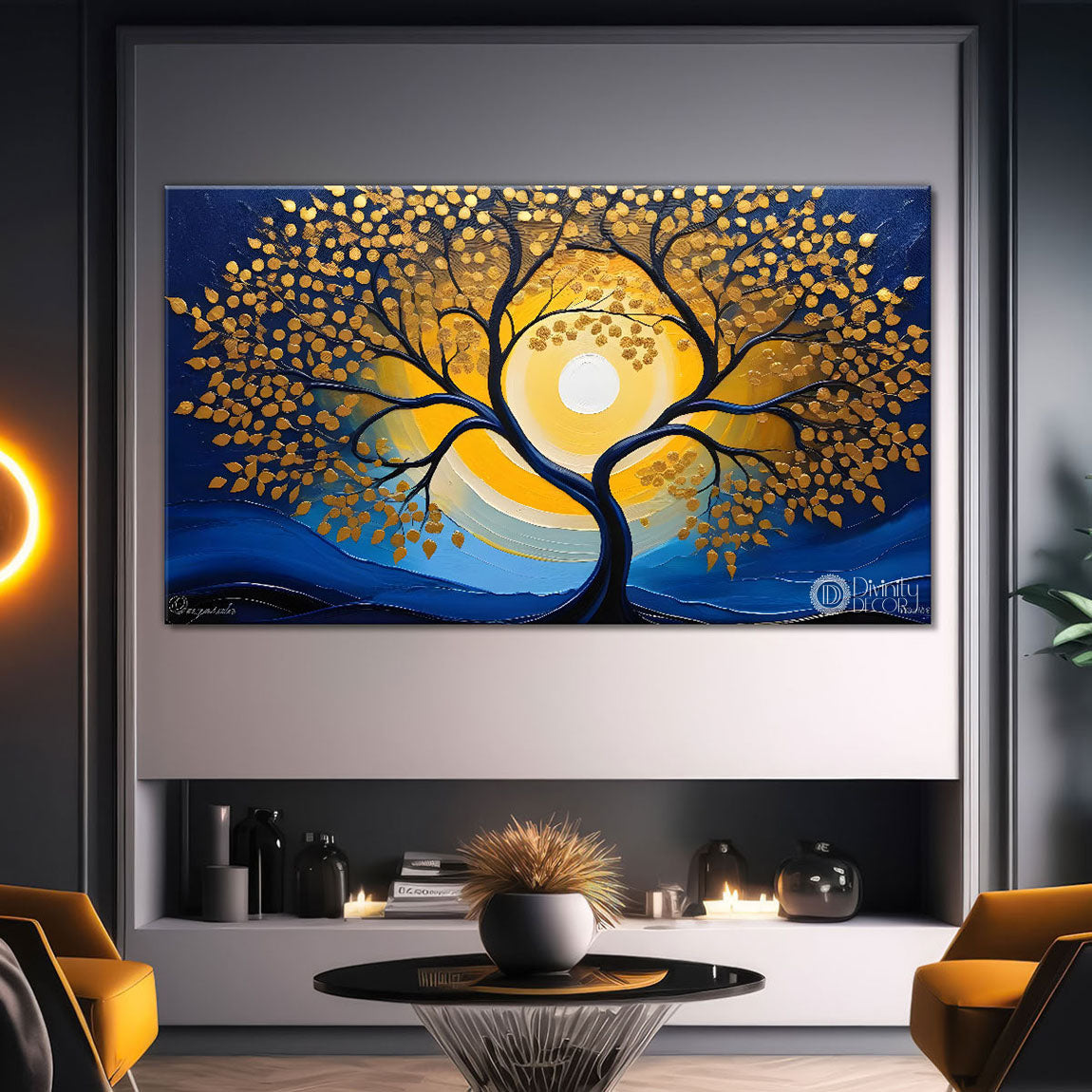 Golden tree in dark blue textured background modern art Canvas Painting - Design - Tree-82